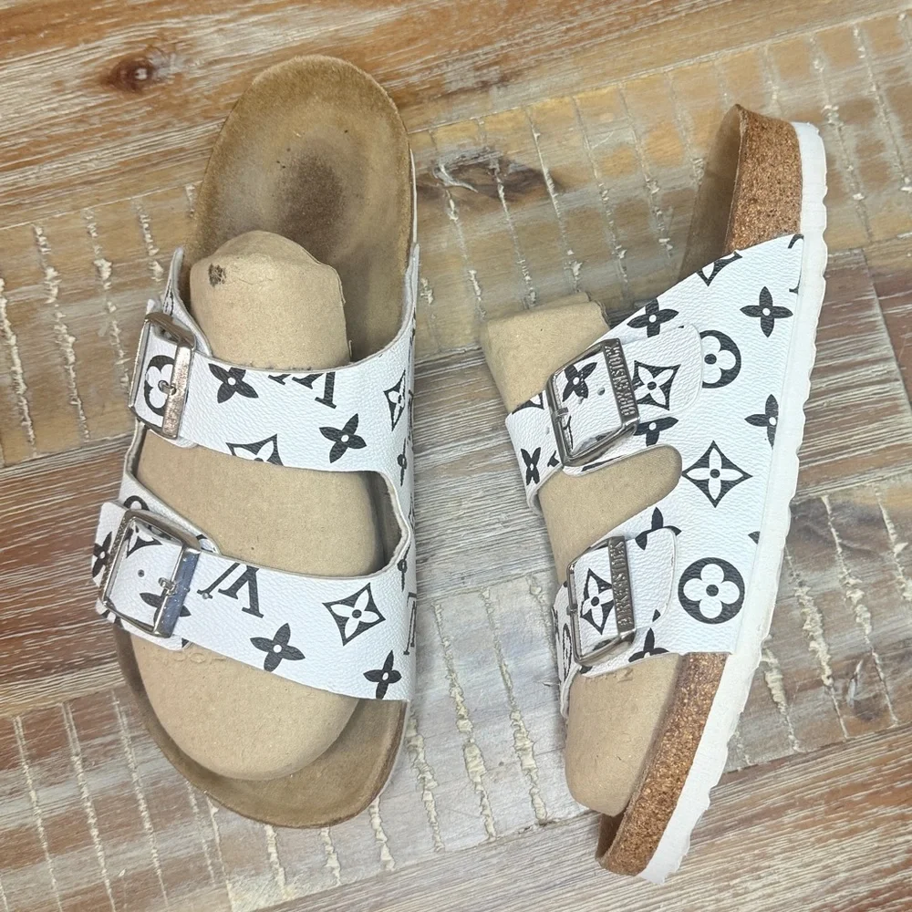 Birkenstock Custom White and Black Patterned Two-Strap Sandals - Picture 1 of 8